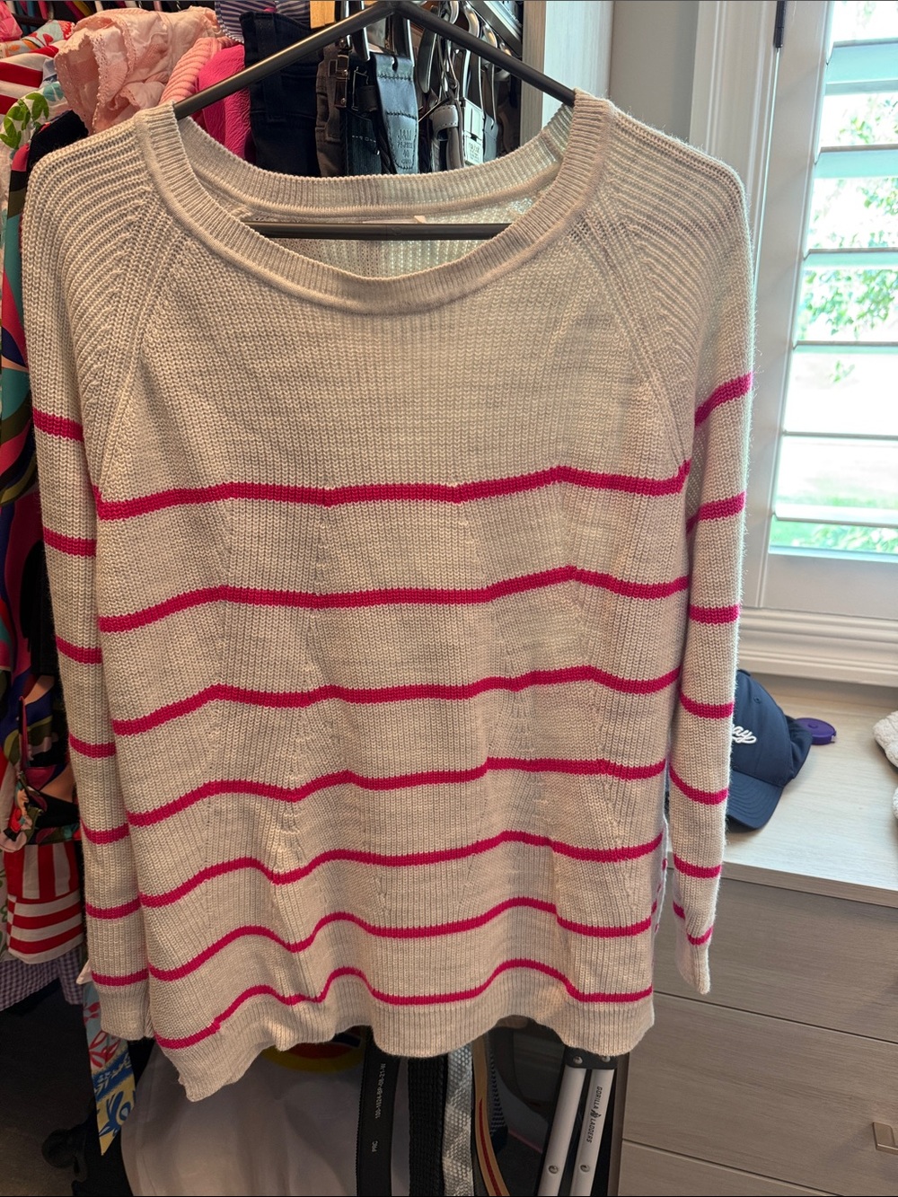 Women’s Cream Knit Sweater with Pink Stripes